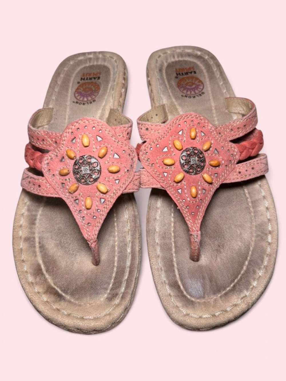Earth Spirit Women’s 7.5 Pink Leather Beaded Boho Thong Sandals Gelron Comfort